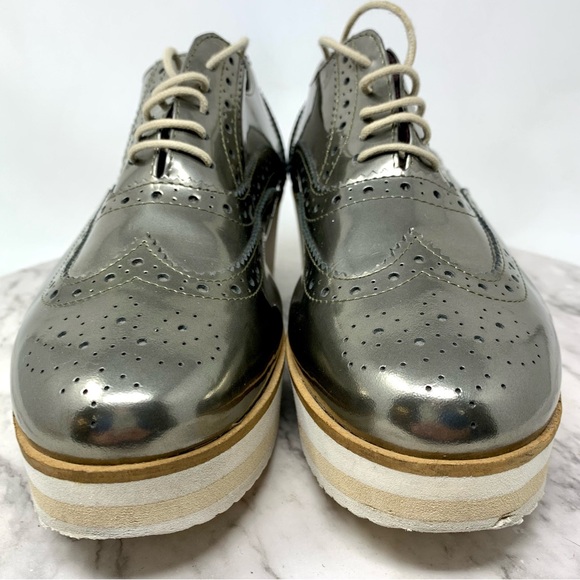 Contigo Italy Patent Leather Platform WingTip Oxfords 38 Metallic Minimalist - Picture 4 of 16